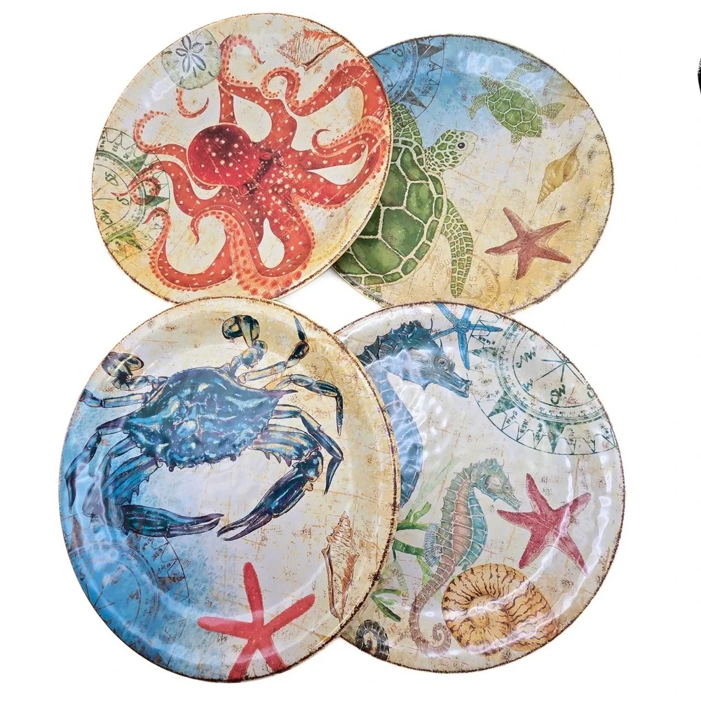 Pier 1 Imports Melamine Coastal Salad Plate Set Crab Turtle Seahorse Octopus 9in
